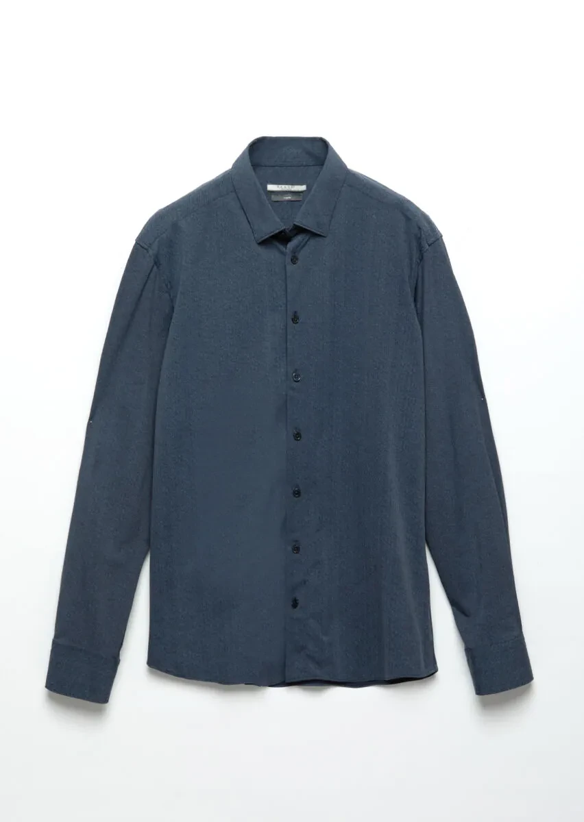 Navy Blue Printed Casual Fit Knitting Casual Shirt - 7