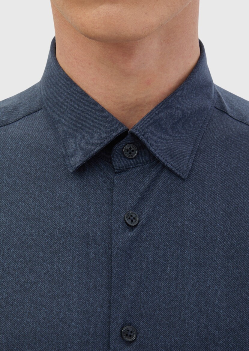 Navy Blue Printed Casual Fit Long Knitting Casual Shirt - 4