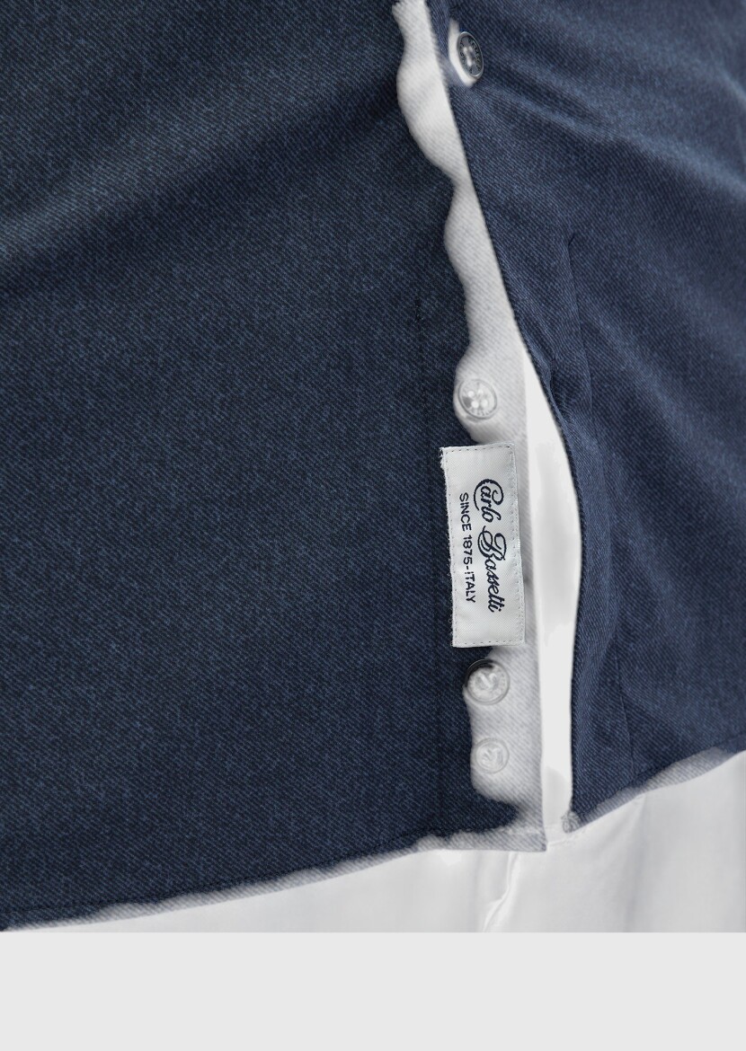 Navy Blue Printed Casual Fit Long Knitting Casual Shirt - 5