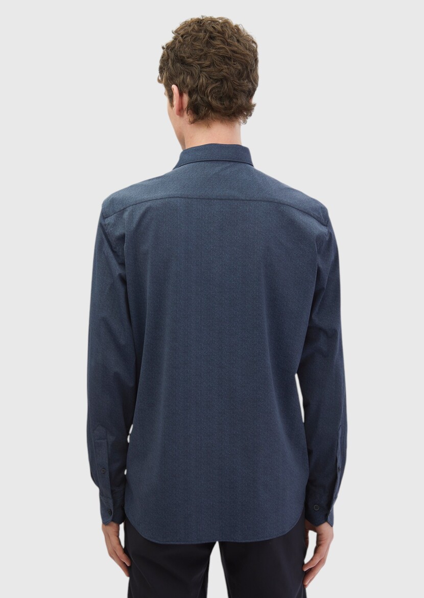 Navy Blue Printed Casual Fit Long Knitting Casual Shirt - 6