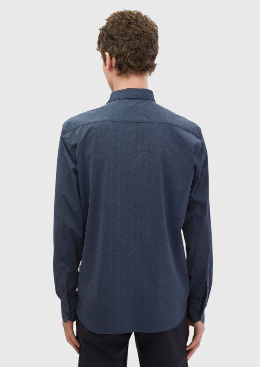 Navy Blue Printed Casual Fit Long Knitting Casual Shirt - 6