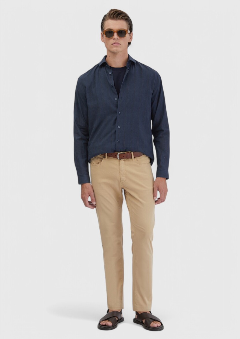 Navy Blue Printed Casual Fit Long Weaving Casual 100% Cotton Shirt 