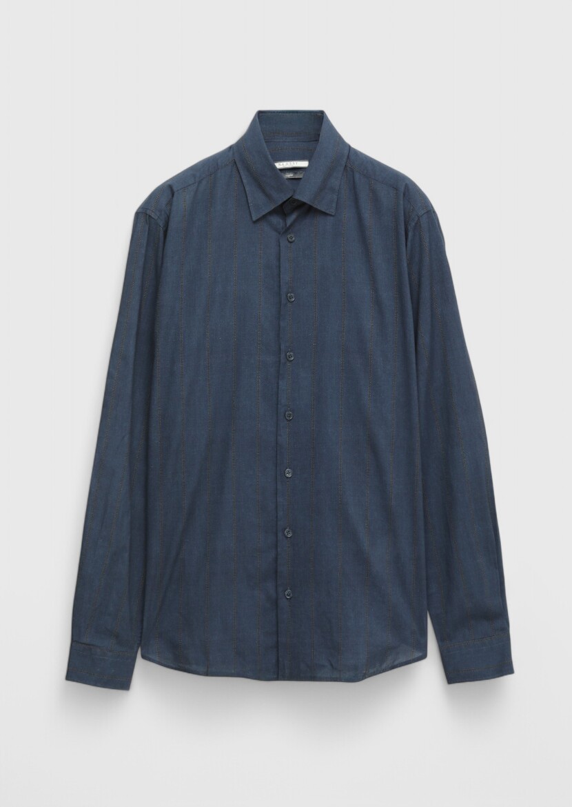 Navy Blue Printed Casual Fit Long Weaving Casual 100% Cotton Shirt - 6