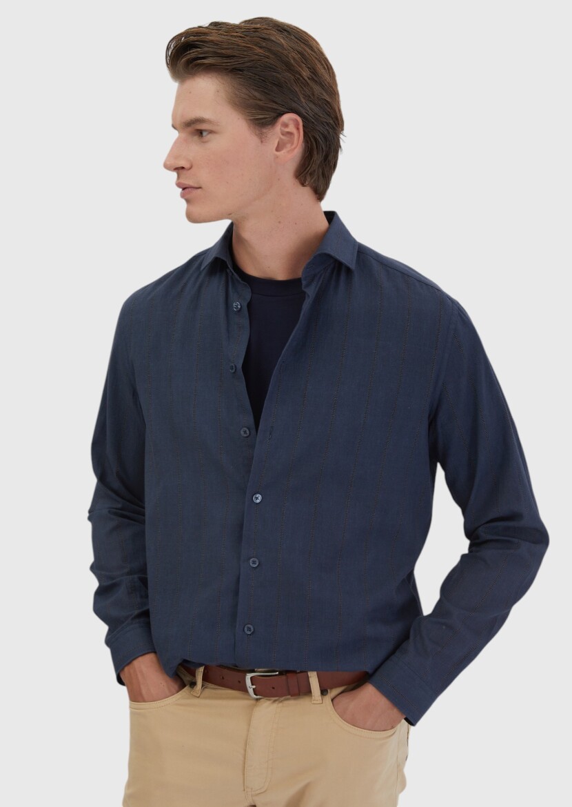 Navy Blue Printed Casual Fit Weaving Casual 100% Cotton Shirt - 1