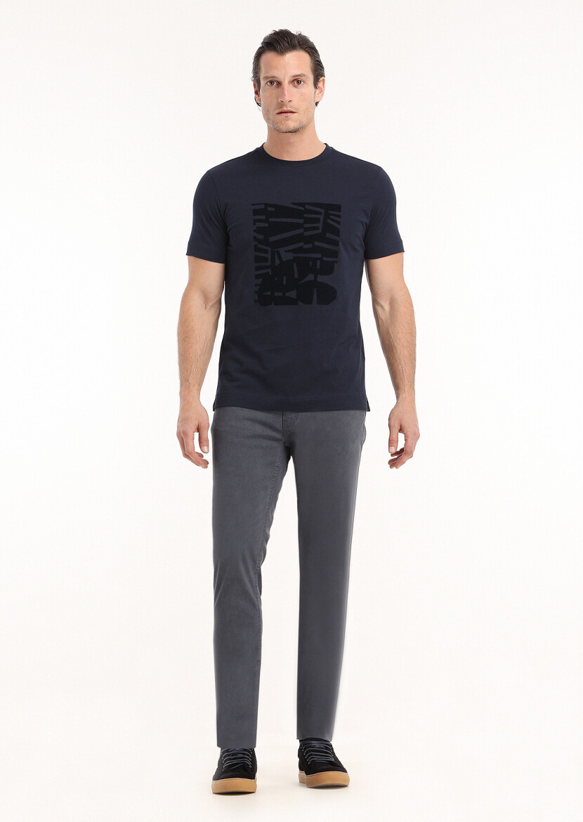 Navy Blue Printed Crew Neck 100% Cotton T-Shirt - 1