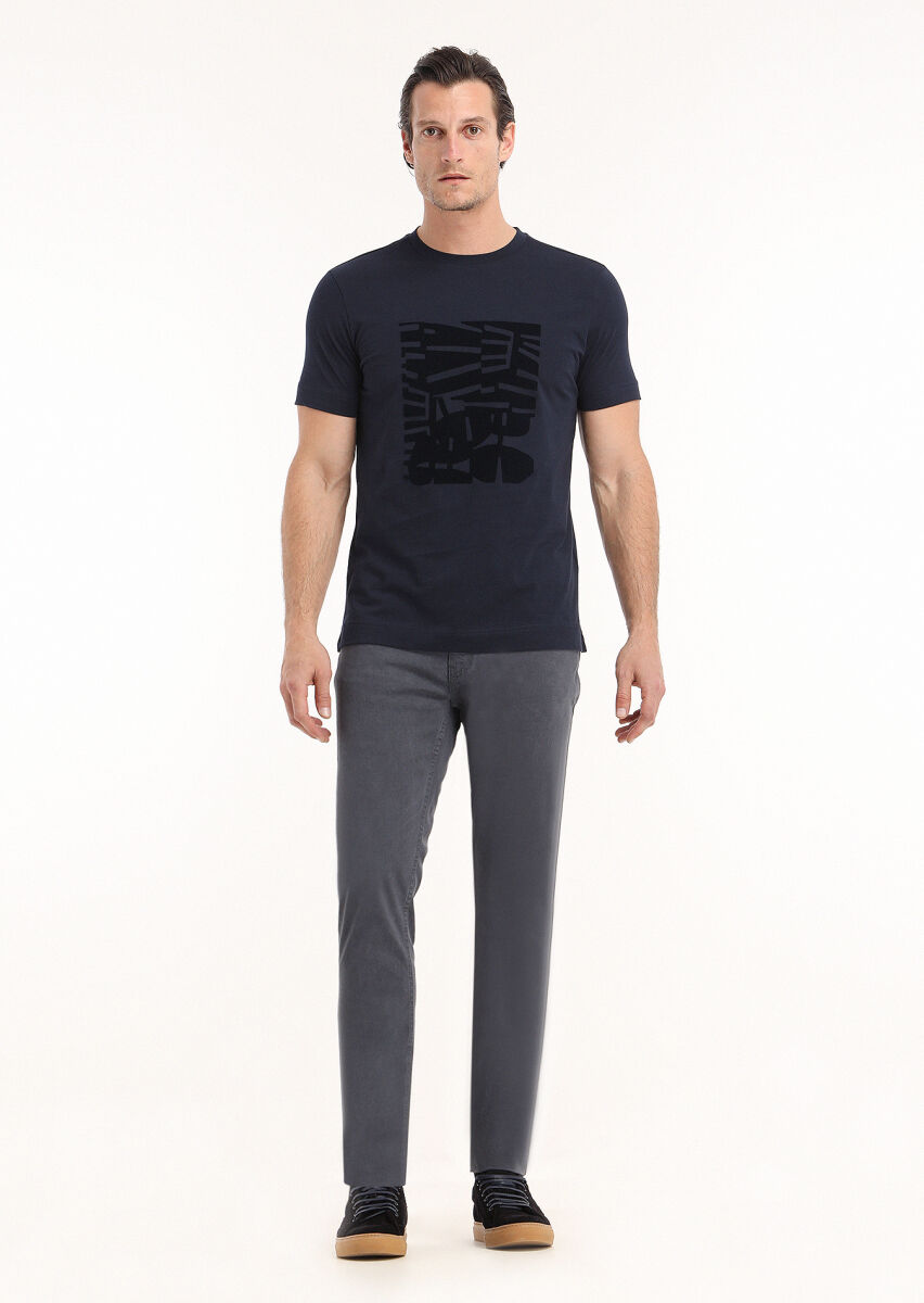 Navy Blue Printed Crew Neck 100% Cotton T-Shirt - 1