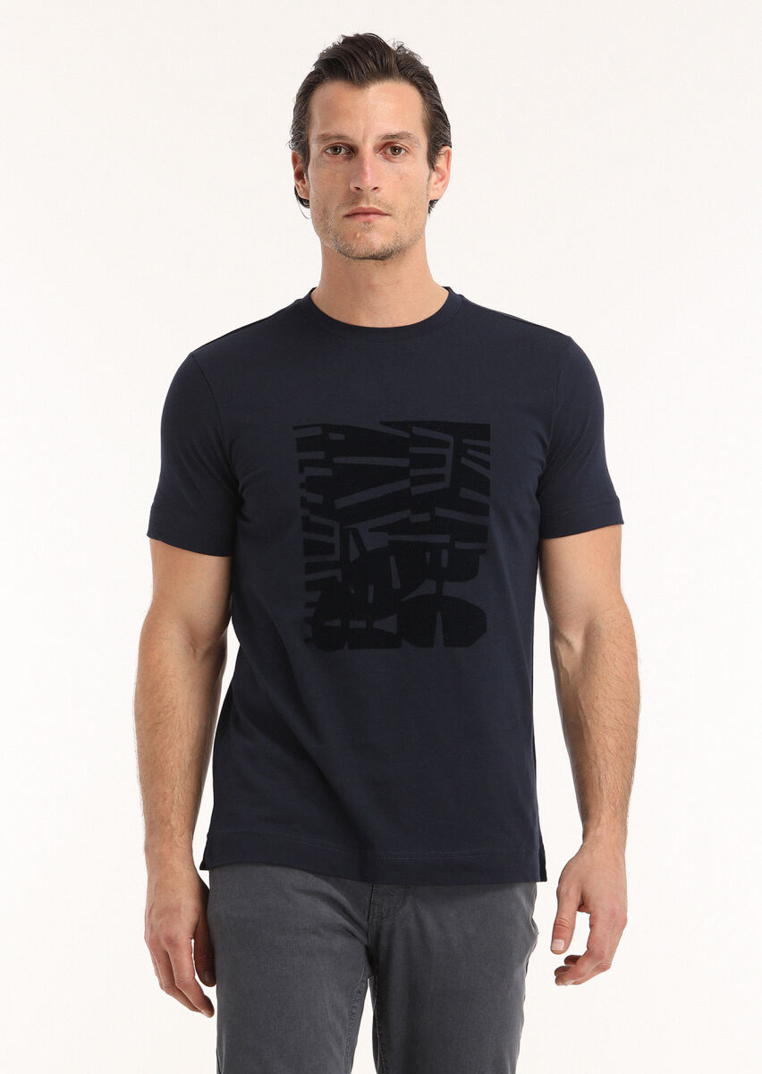 Navy Blue Printed Crew Neck 100% Cotton T-Shirt - 3