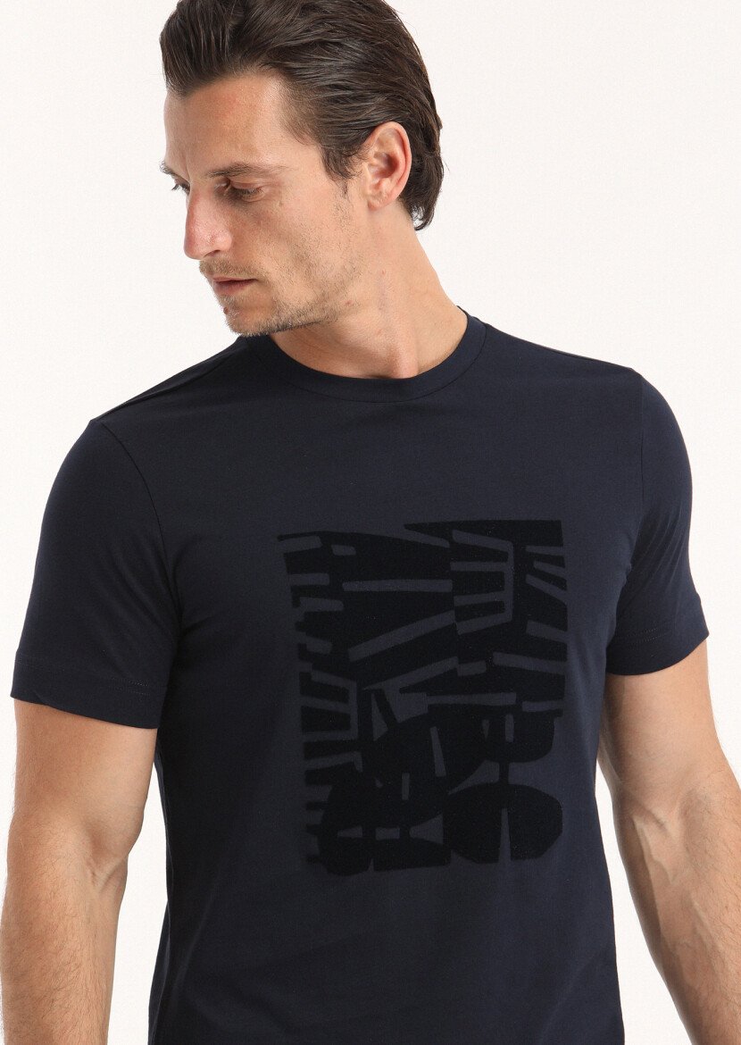 Navy Blue Printed Crew Neck 100% Cotton T-Shirt 