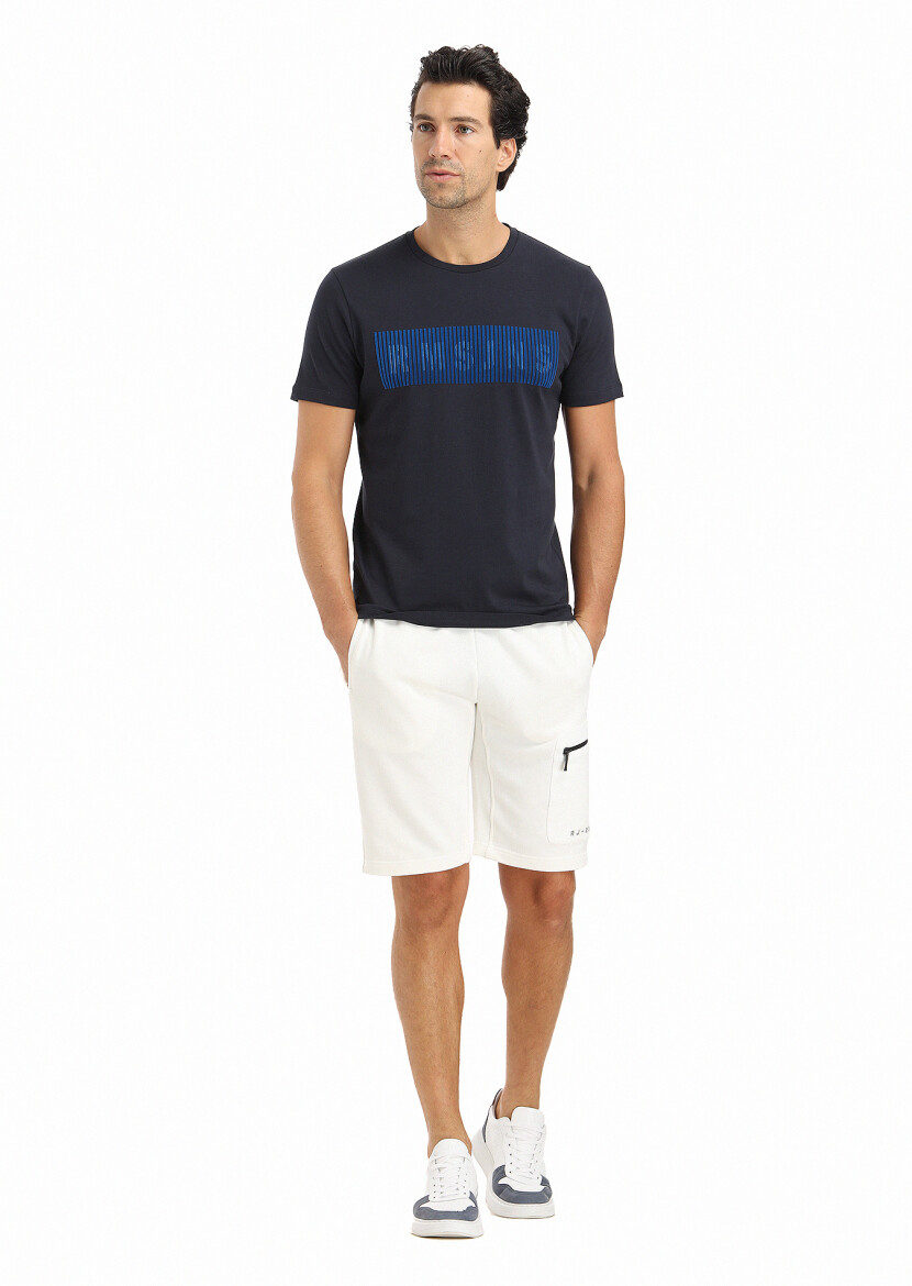 Navy Blue Printed Crew Neck 100% Cotton T-Shirt 