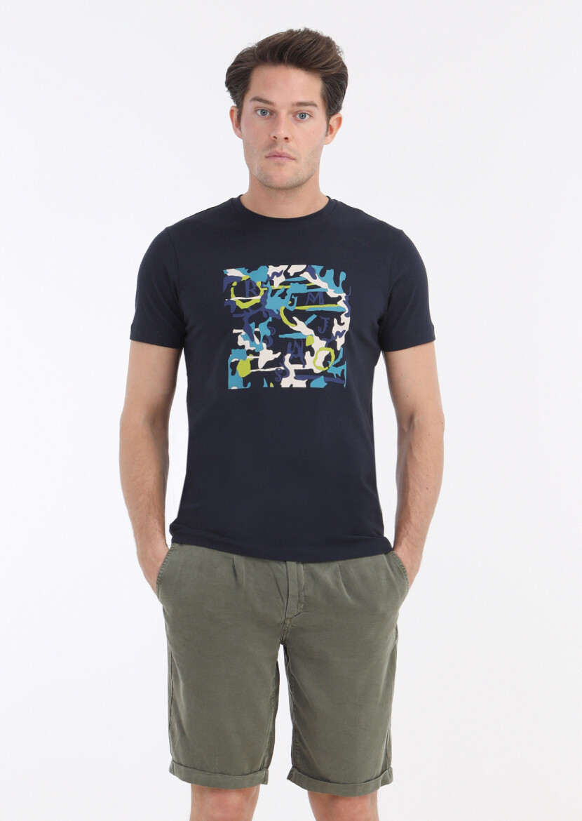 Navy Blue Printed Crew Neck 100% Cotton T-Shirt - 2