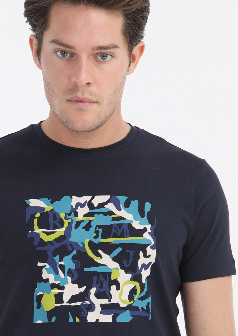 Navy Blue Printed Crew Neck 100% Cotton T-Shirt - 4