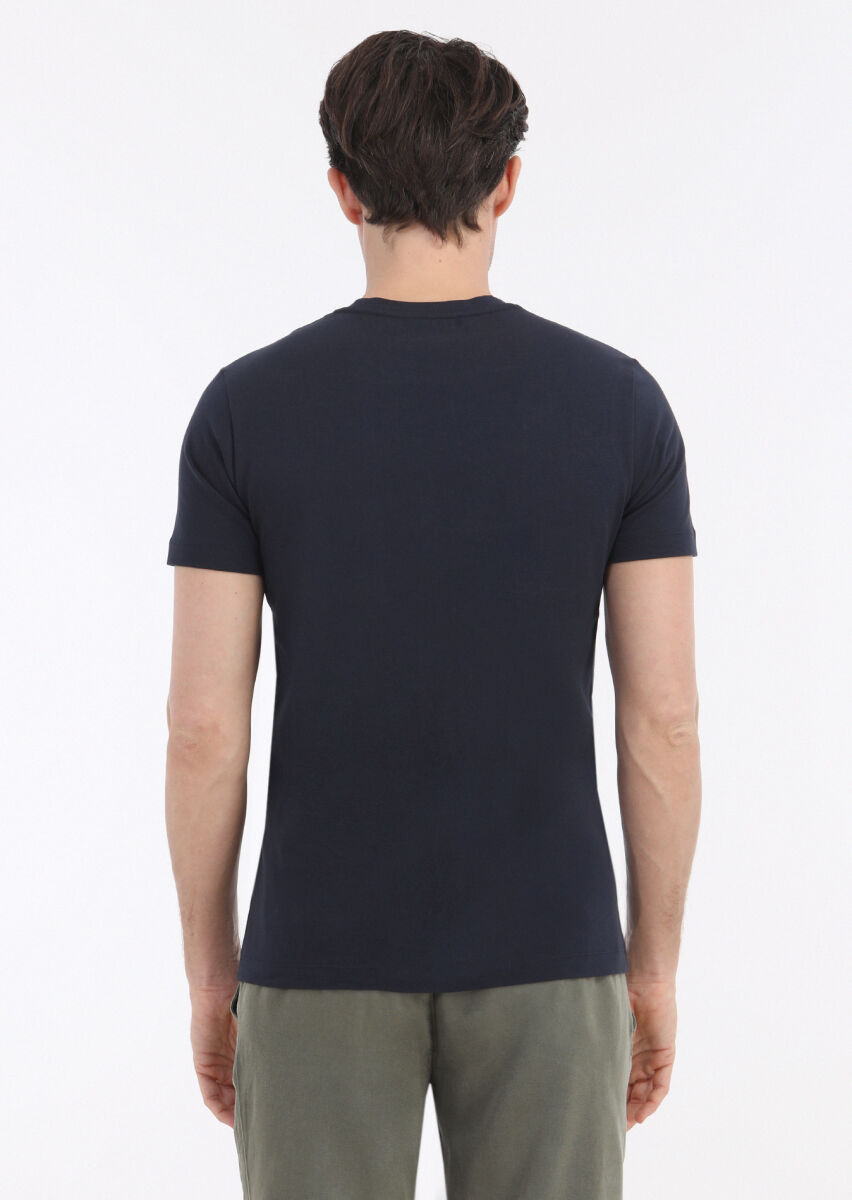 Navy Blue Printed Crew Neck 100% Cotton T-Shirt - 5