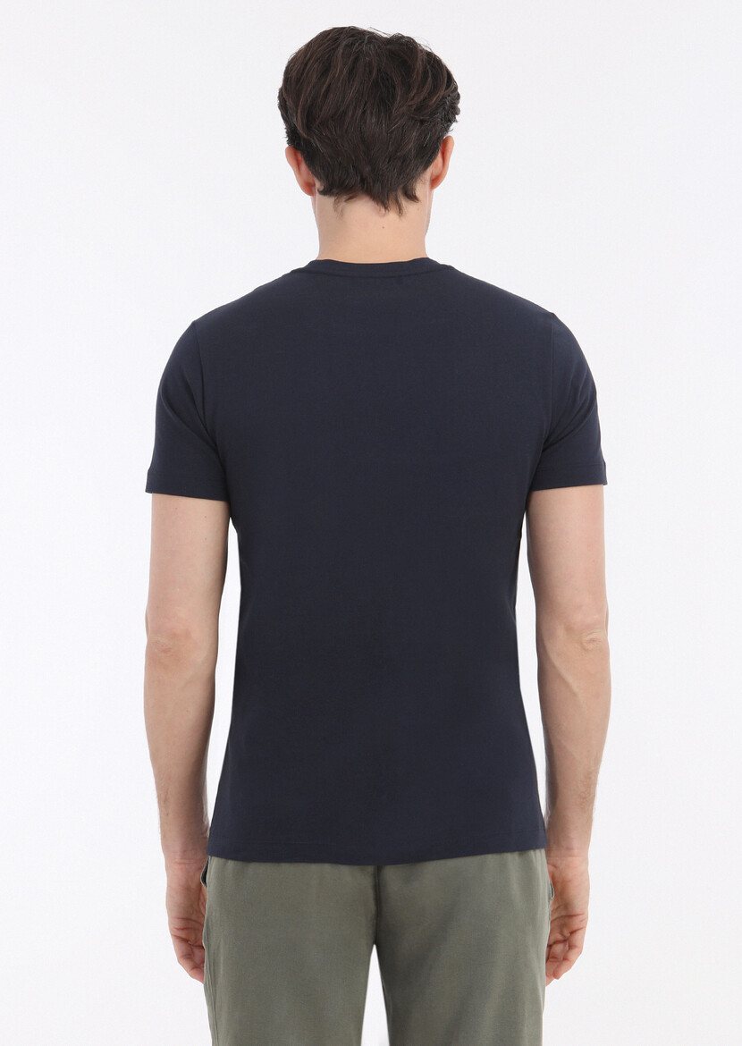 Navy Blue Printed Crew Neck 100% Cotton T-Shirt - 5