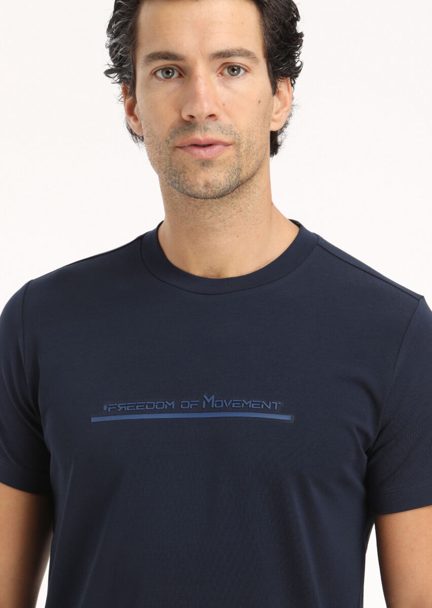 Navy Blue Printed Crew Neck 100% Cotton T-Shirt - 3