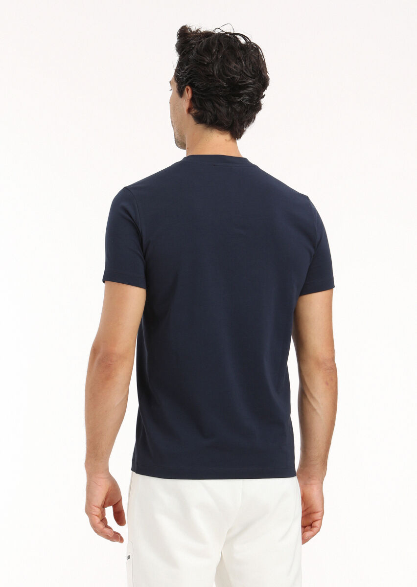 Navy Blue Printed Crew Neck 100% Cotton T-Shirt - 4