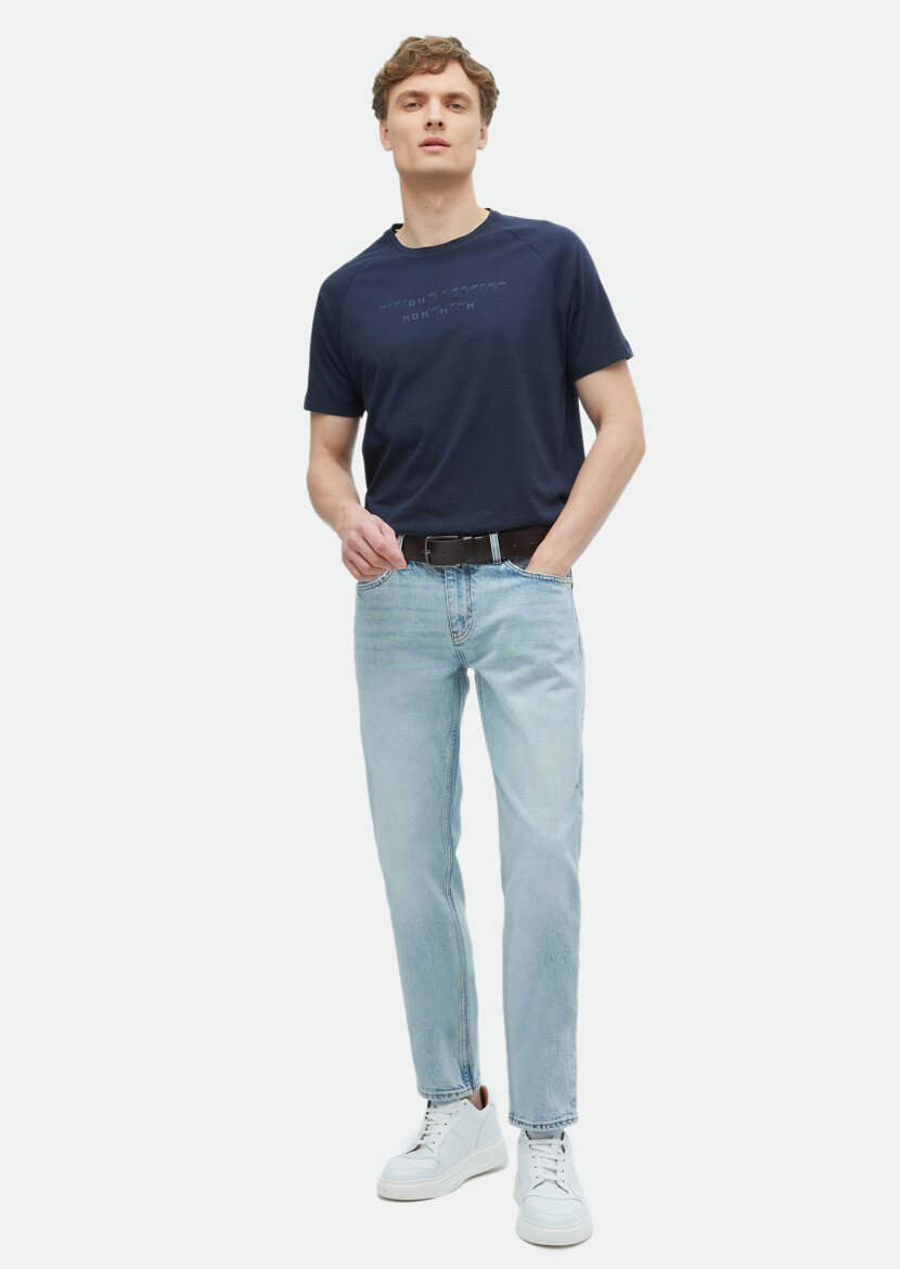 Navy Blue Printed Crew Neck 100% Cotton T-Shirt 