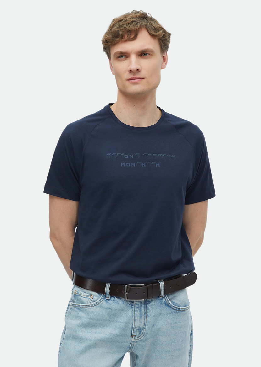 Navy Blue Printed Crew Neck 100% Cotton T-Shirt - 1