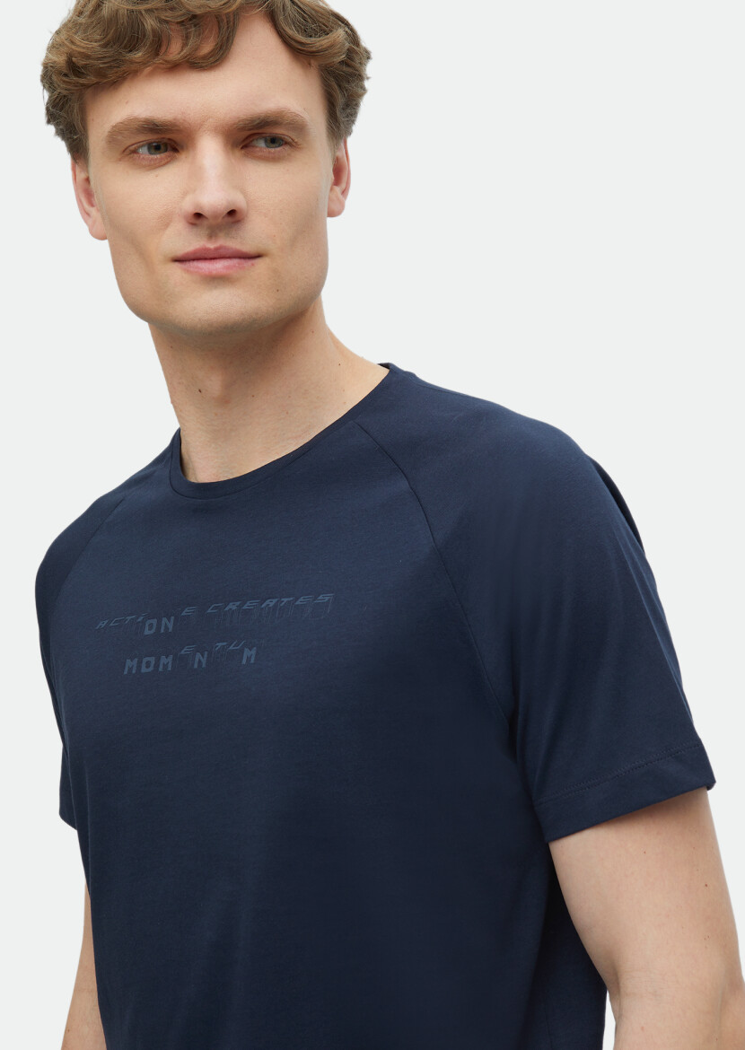 Navy Blue Printed Crew Neck 100% Cotton T-Shirt - 3