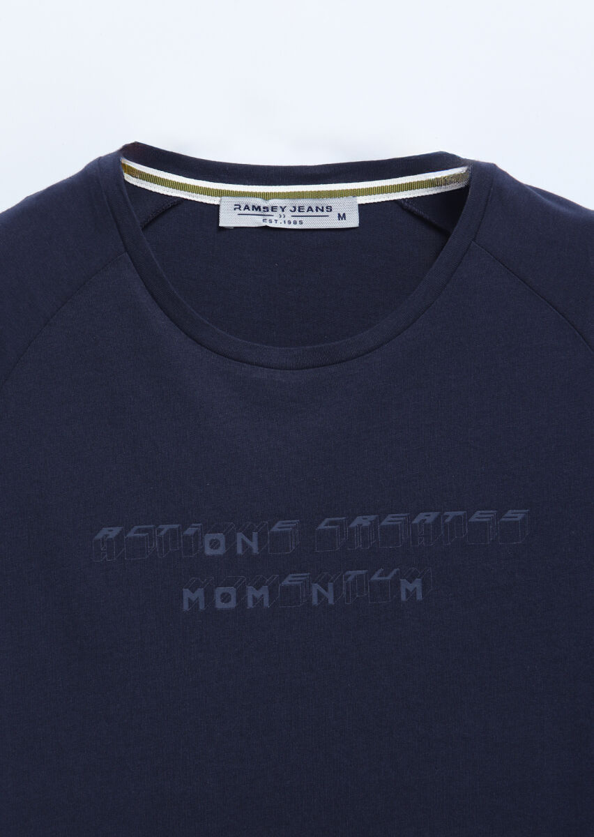 Navy Blue Printed Crew Neck 100% Cotton T-Shirt - 7