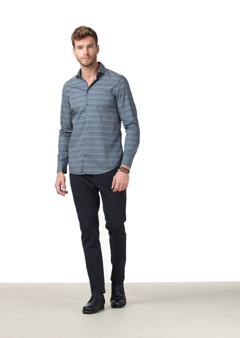 Navy Blue Printed Fitted Fit Long Weaving Casual 100% Cotton Shirt - 2