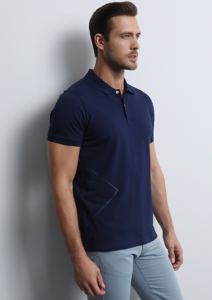 Navy Blue Printed Polo Neck 100% Cotton T-Shirt - 2