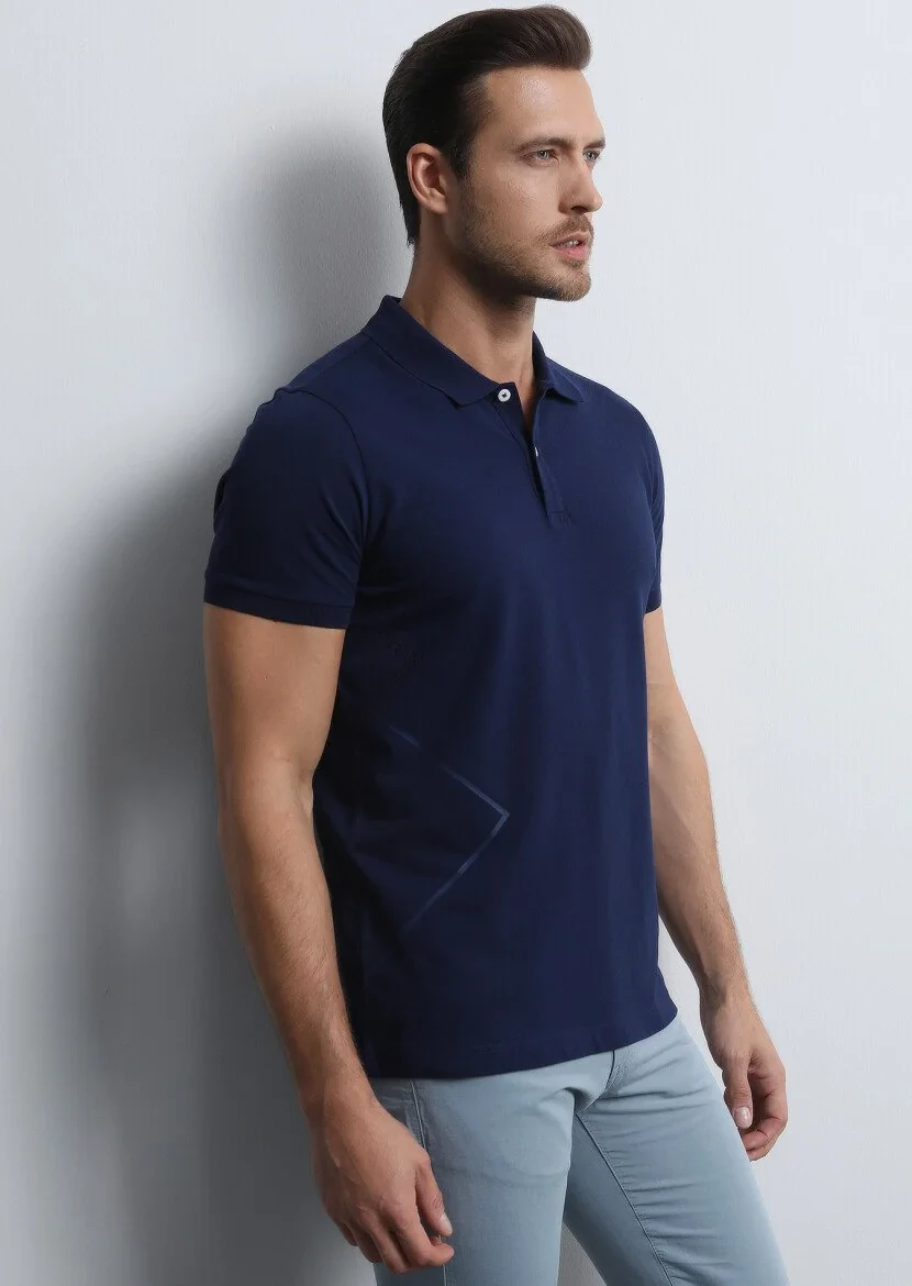 Navy Blue Printed Polo Neck 100% Cotton T-Shirt - 3
