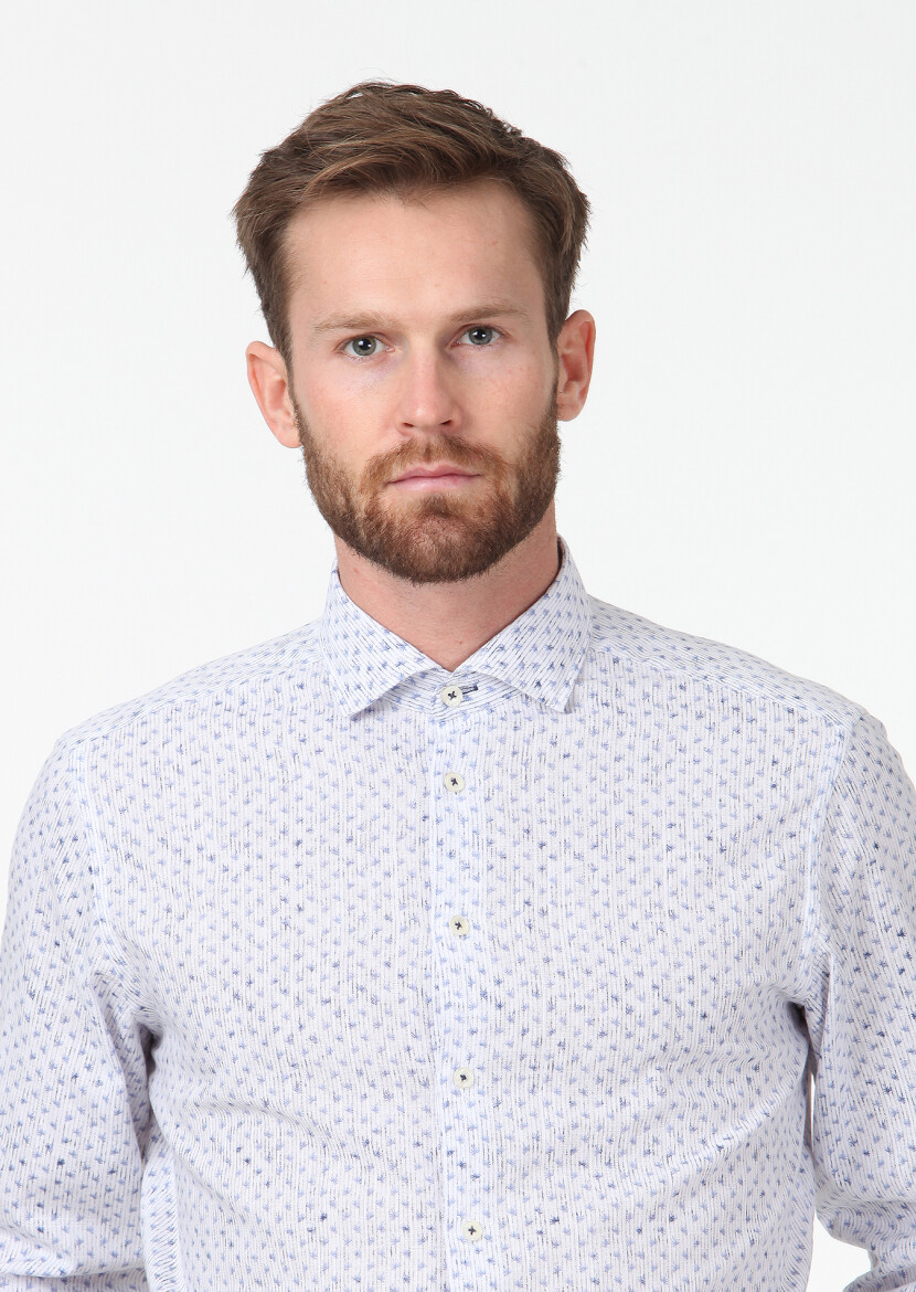Navy Blue Printed Regular Fit Long Weaving Casual 100% Cotton Shirt - 2