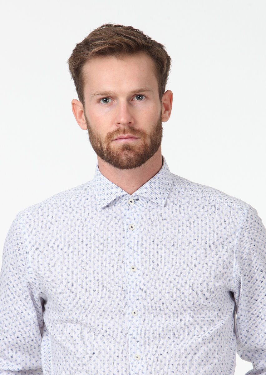 Navy Blue Printed Regular Fit Long Weaving Casual 100% Cotton Shirt - 2