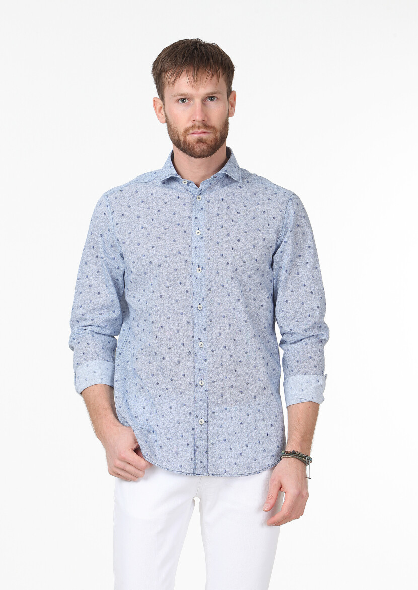 Navy Blue Printed Regular Fit Long Weaving Casual 100% Cotton Shirt - 1