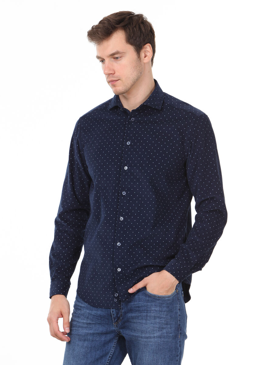 Navy Blue Printed Regular Fit Long Weaving Casual 100% Cotton Shirt - 1