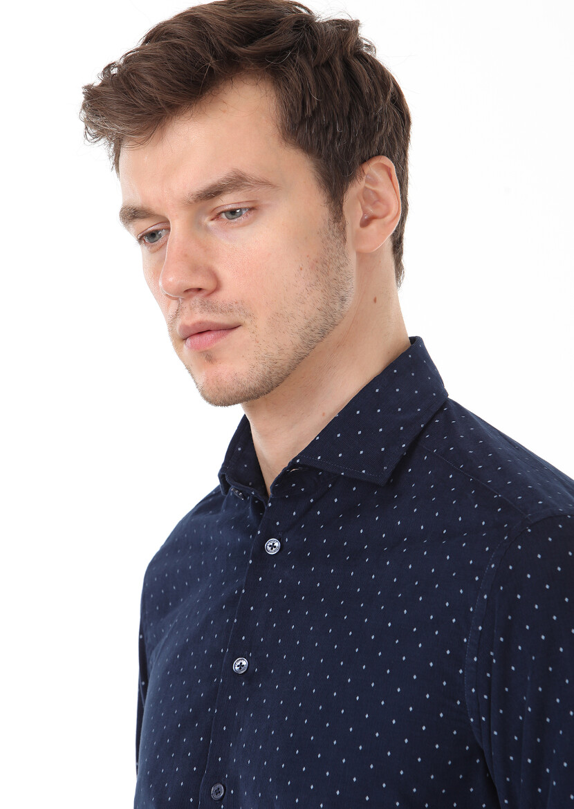 Navy Blue Printed Regular Fit Long Weaving Casual 100% Cotton Shirt 