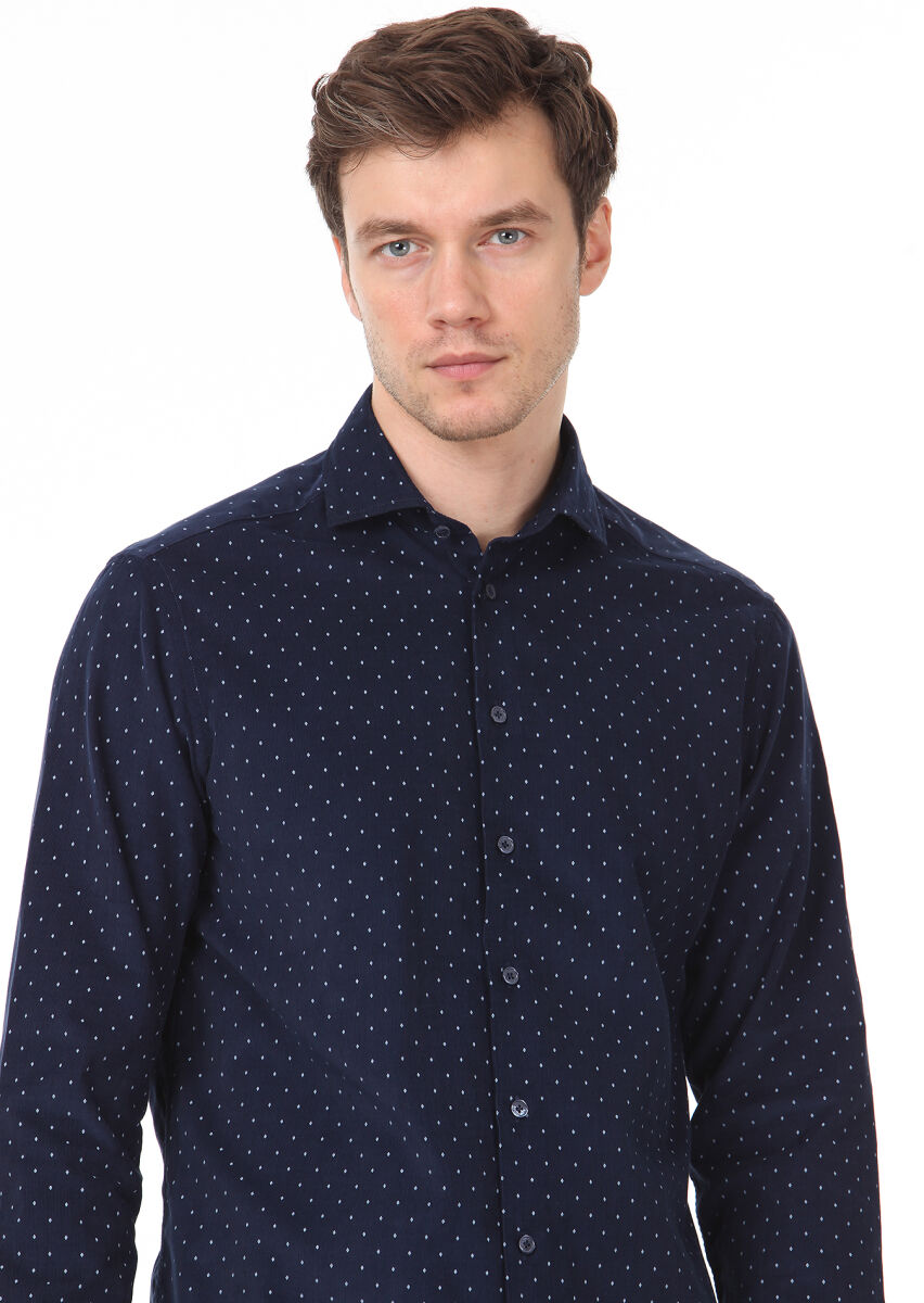 Navy Blue Printed Regular Fit Long Weaving Casual 100% Cotton Shirt - 3