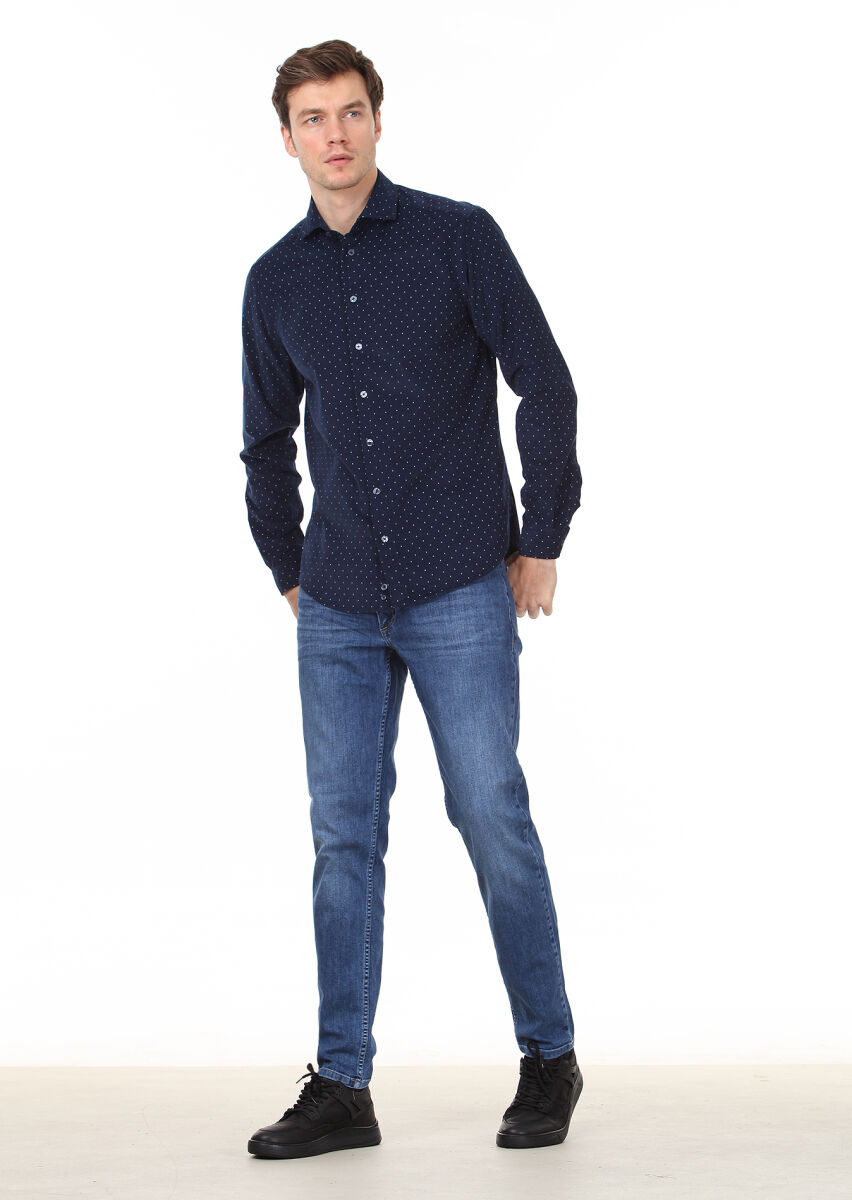 Navy Blue Printed Regular Fit Long Weaving Casual 100% Cotton Shirt - 4