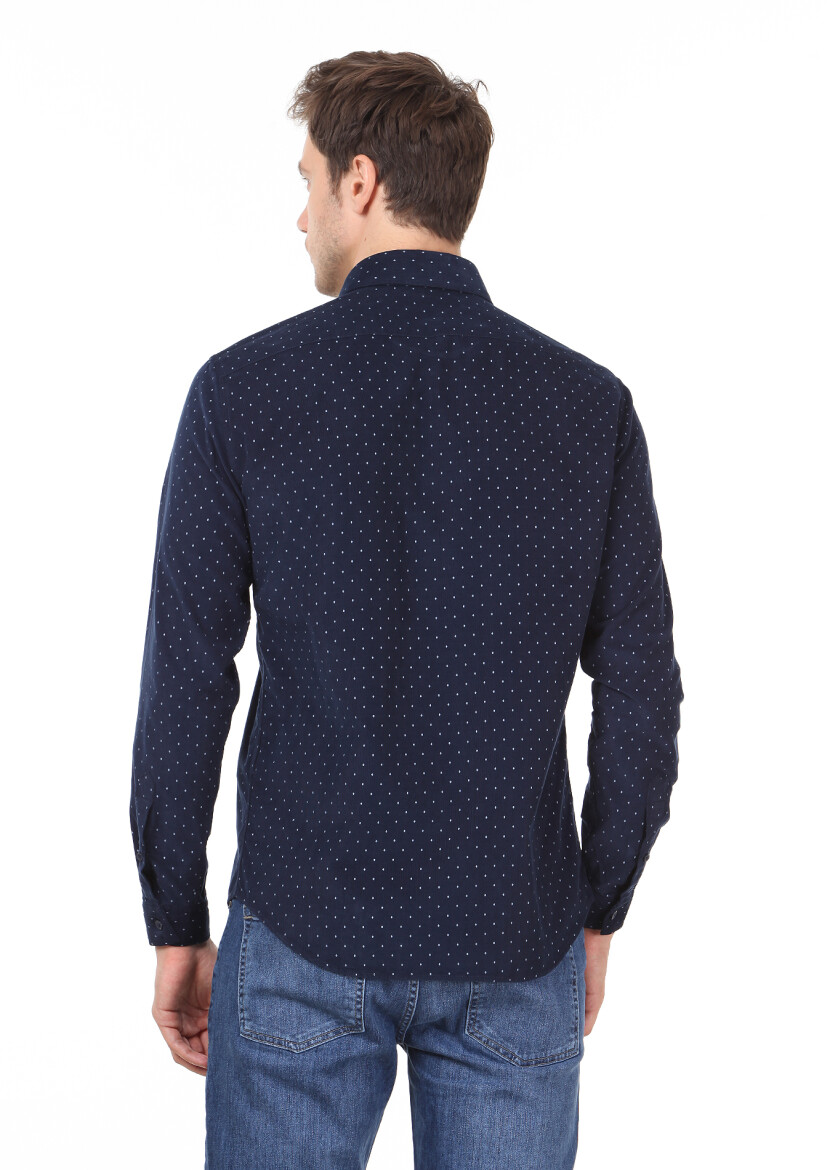Navy Blue Printed Regular Fit Long Weaving Casual 100% Cotton Shirt - 5