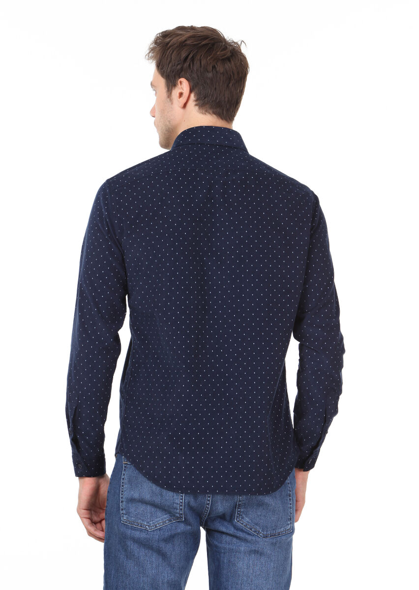 Navy Blue Printed Regular Fit Long Weaving Casual 100% Cotton Shirt - 5