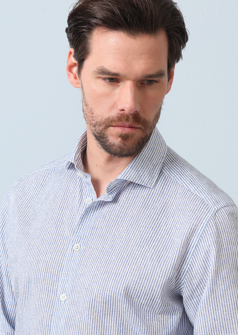 Navy Blue Printed Regular Fit Long Weaving Casual 100% Cotton Shirt - 1