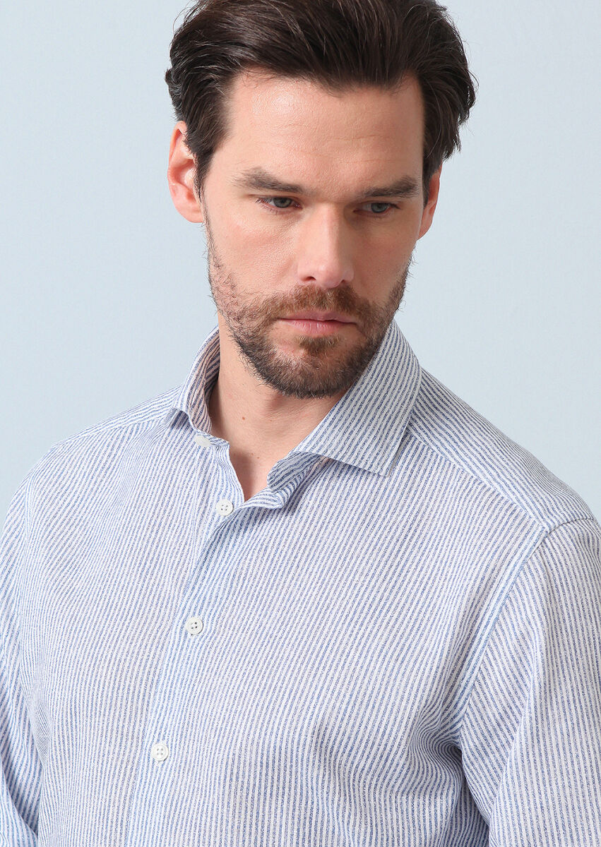 Navy Blue Printed Regular Fit Long Weaving Casual 100% Cotton Shirt - 1