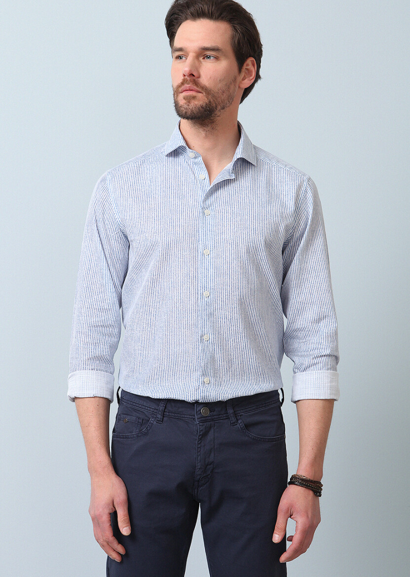 Navy Blue Printed Regular Fit Long Weaving Casual 100% Cotton Shirt - 2