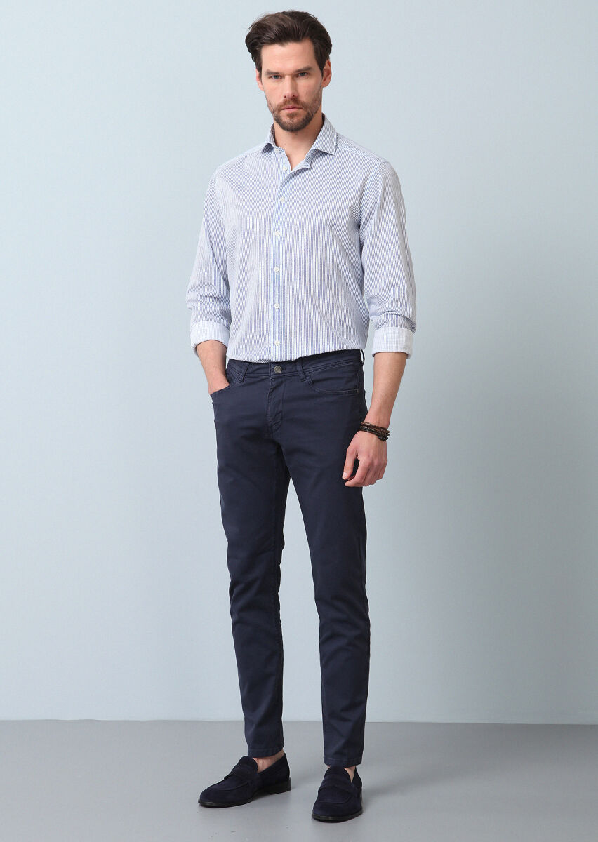 Navy Blue Printed Regular Fit Long Weaving Casual 100% Cotton Shirt - 3