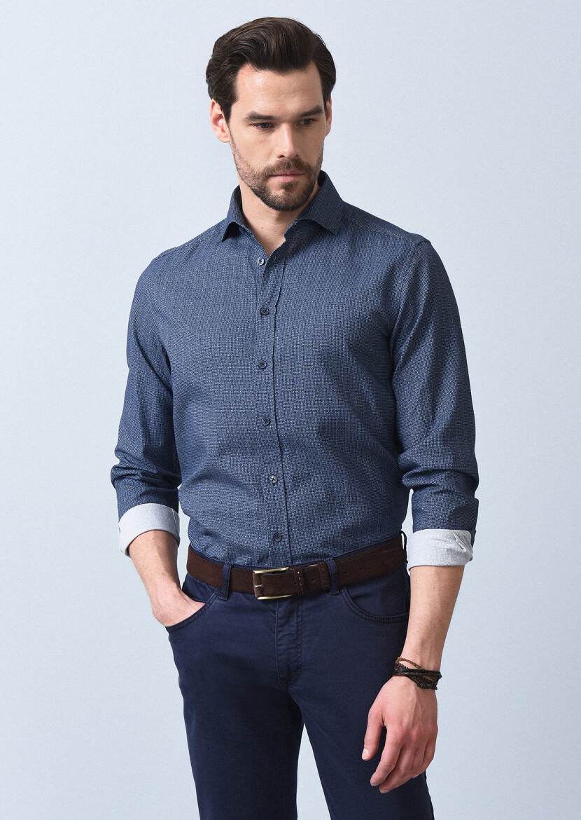 Navy Blue Printed Regular Fit Long Weaving Casual 100% Cotton Shirt - 1