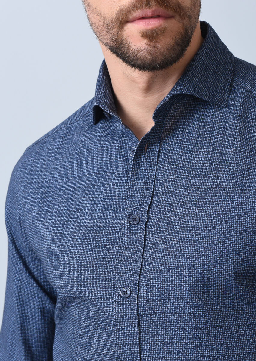 Navy Blue Printed Regular Fit Long Weaving Casual 100% Cotton Shirt - 2