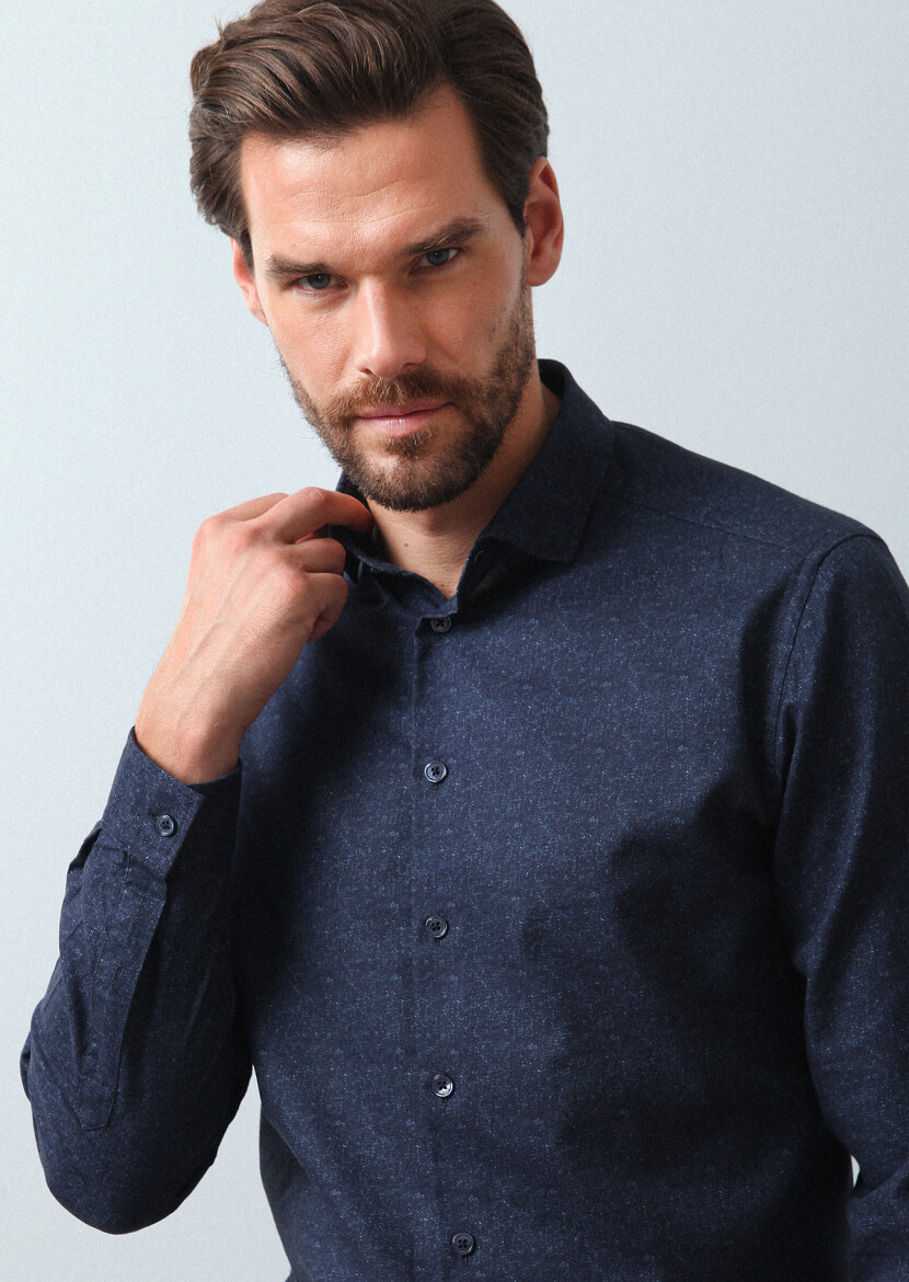 Navy Blue Printed Regular Fit Long Weaving Casual 100% Cotton Shirt - 2