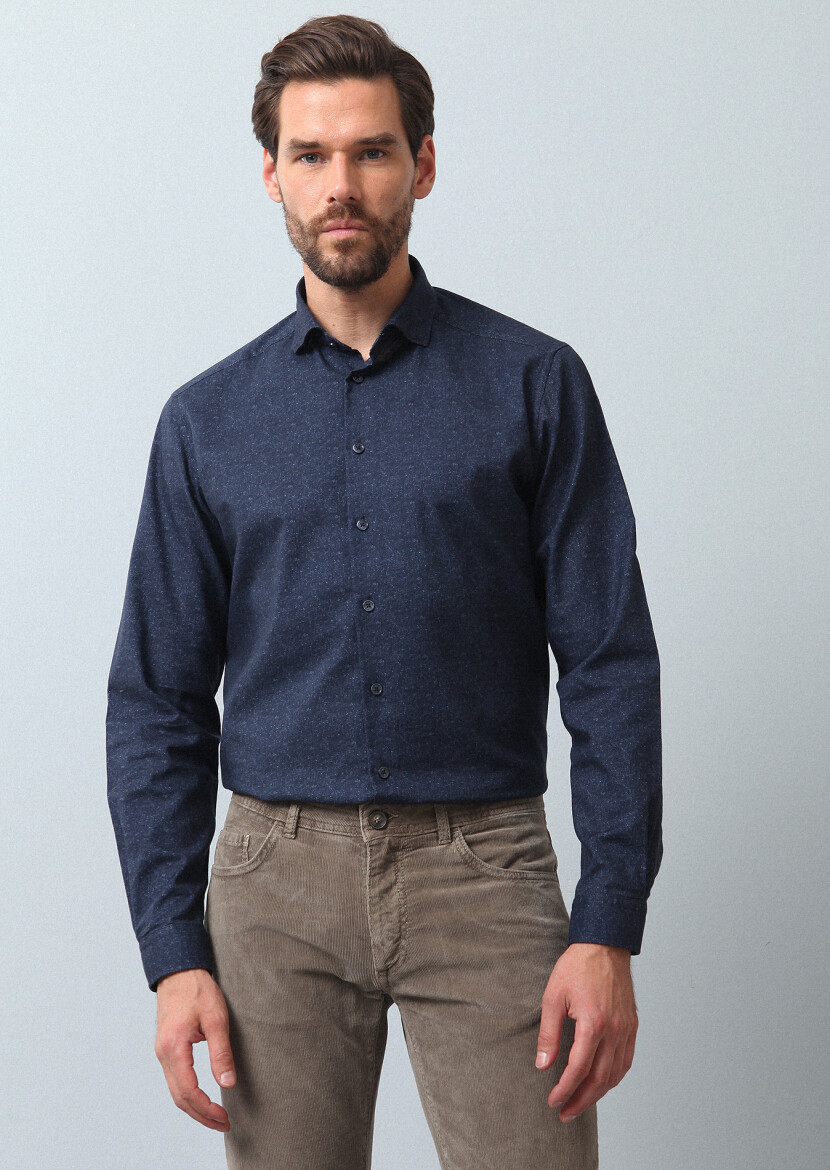 Navy Blue Printed Regular Fit Long Weaving Casual 100% Cotton Shirt - 4
