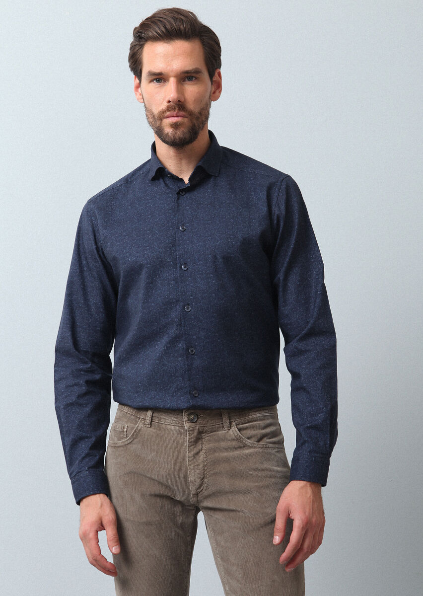Navy Blue Printed Regular Fit Long Weaving Casual 100% Cotton Shirt - 4
