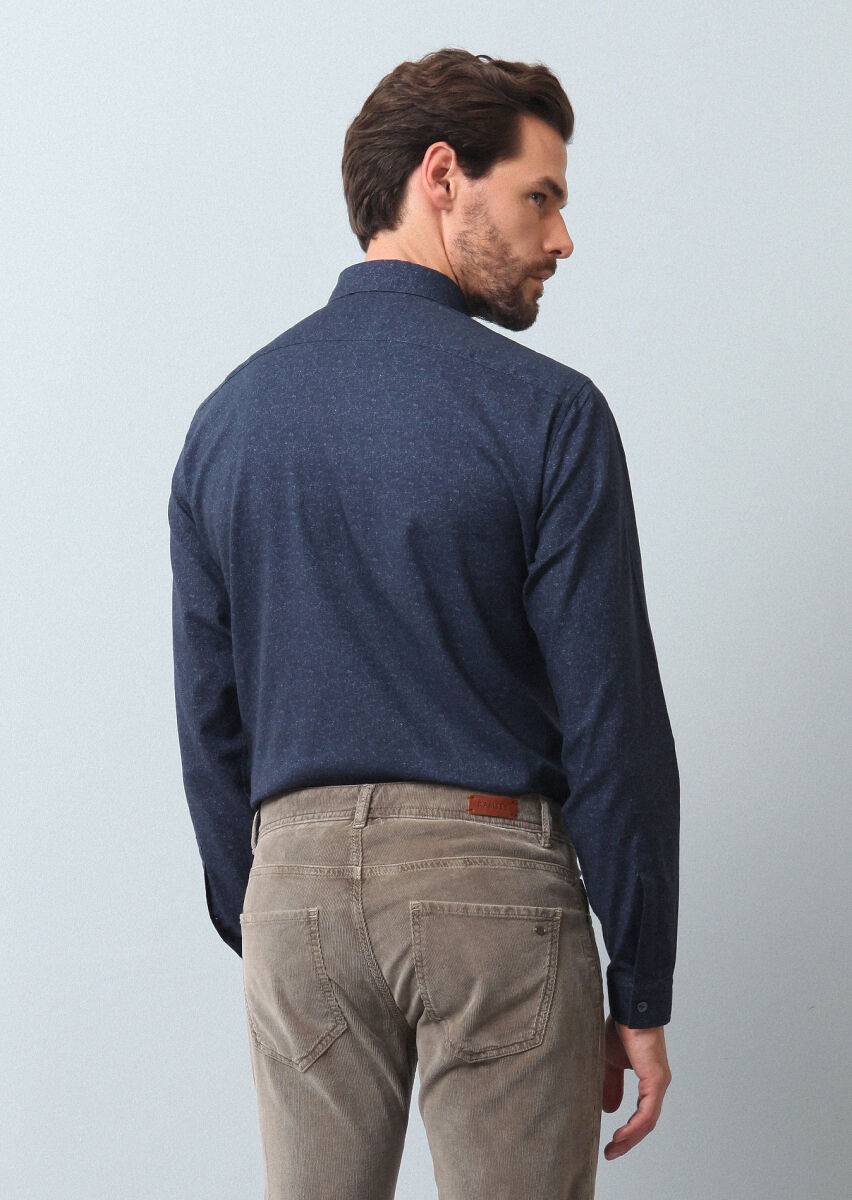Navy Blue Printed Regular Fit Long Weaving Casual 100% Cotton Shirt - 5