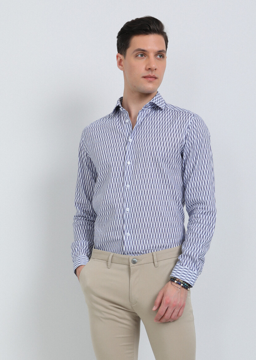 Navy Blue Printed Regular Fit Long Weaving Casual Cotton Blended Shirt - 3