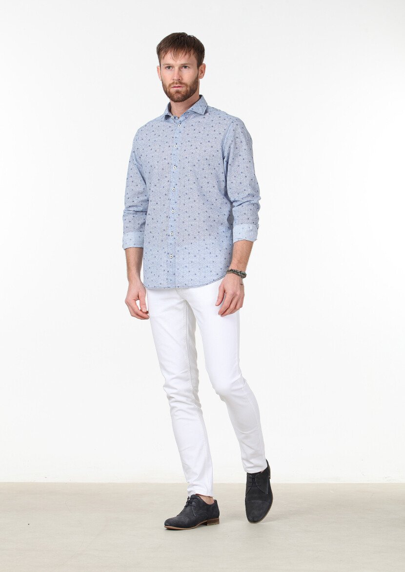 Navy Blue Printed Regular Fit Weaving Casual 100% Cotton Shirt 
