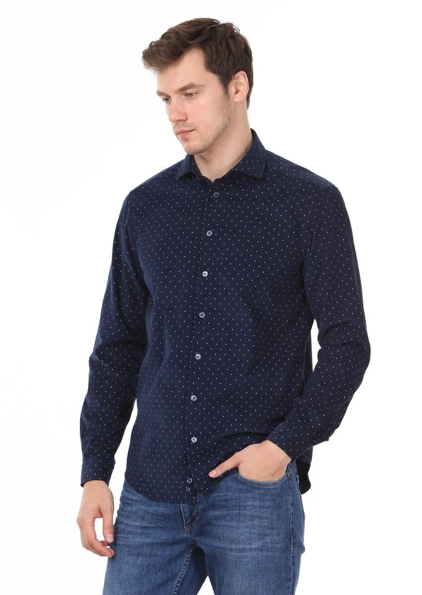 Navy Blue Printed Regular Fit Weaving Casual 100% Cotton Shirt - 1
