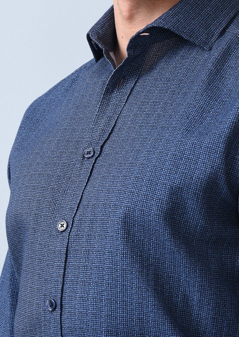 Navy Blue Printed Regular Fit Weaving Casual 100% Cotton Shirt - 4