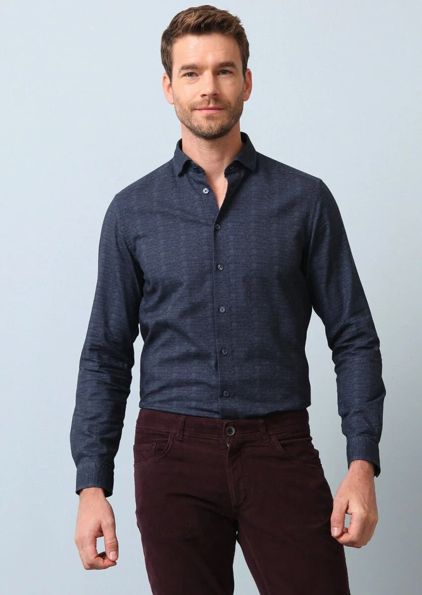Navy Blue Printed Regular Fit Weaving Casual 100% Cotton Shirt - 1